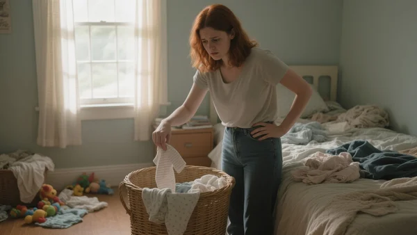 Une jeune pousse les vêtements d'un bébé dans un panier à linge, une main sur sa hanche, l'air soucieux, lumière naturelle dans une chambre encombrée