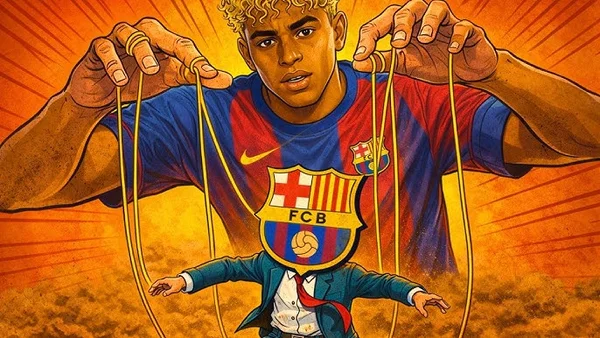 Illustration allégorique du FC Barcelone représenté comme marionnettiste contrôlant un homme en costume.