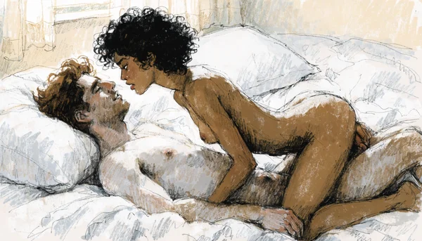 Pénétration vaginale en position du missionnaire sur un lit, l'homme et la femme enlacés, regardant intensément dans les yeux, draps blancs en désordre