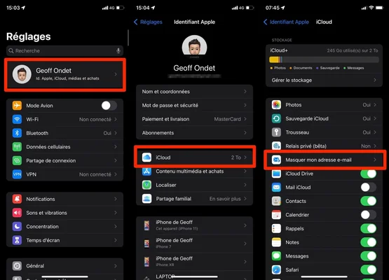 Navigation dans les réglages iOS pour accéder au profil Apple ID et aux options iCloud.