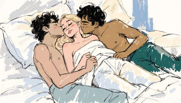 Triolée avec deux hommes et une femme, la femme au centre embrassant un homme pendant que l'autre l'embrasse sur le cou, intimité sur des draps