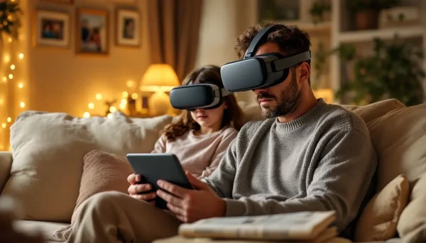 Un homme et une fille équipés de casques VR sur un canapé, illustrant l'expérience de jeu en réalité virtuelle de Rec Room.