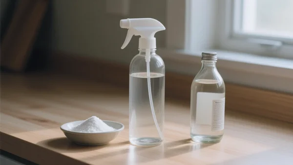 Vaporisateur en verre rempli de liquide transparent posé sur un plan de travail en bois clair, à côté d'un bol de bicarbonate de soude blanc et d'une bouteille de vinaigre blanc, lumière naturelle douce
