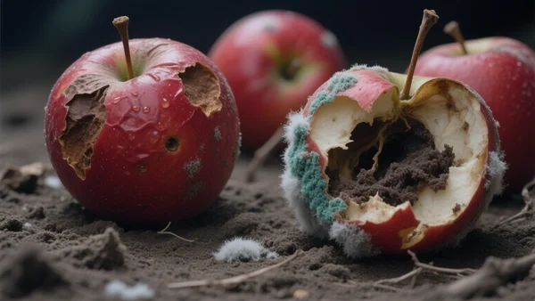 Gros plan sur des pommes rouges en train de pourrir et de moisir sur le sol, avec un fond sombre et indistinct