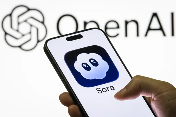 Un smartphone affichant l'icône de l'application Sora devant le logo OpenAI.
