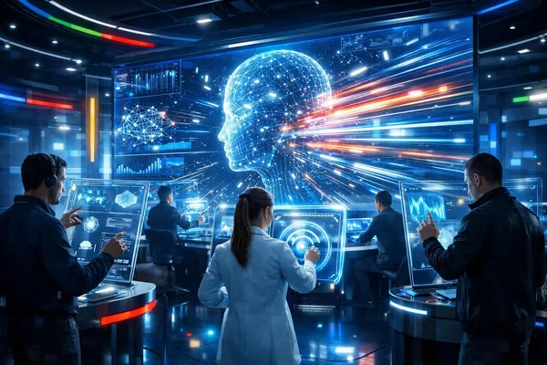 Scène futuriste de techniciens surveillant des données complexes dans une salle de commande.