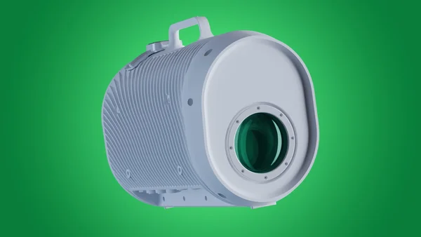 Appareil cylindrique blanc Taara avec une poignée supérieure et une lentille circulaire verte.