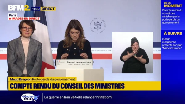 Maud Bregeon à la tribune lors de la conférence de presse du Conseil des ministres.