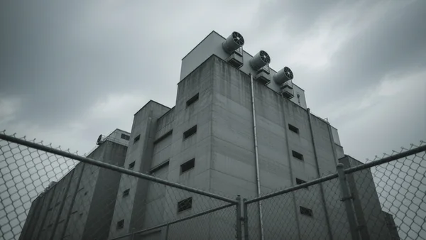 Vue en contre-plongée d'une rangée de grands bâtiments industriels gris avec des ventilateurs de refroidissement, entourés de grille métallique, sous un ciel nuageux typique de l'Irlande