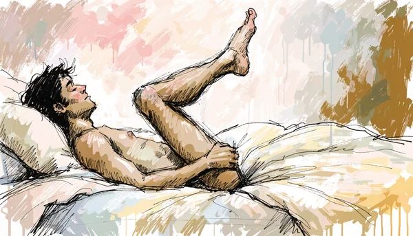 Stimulation prostatique, homme allongé sur le dos, doigt pénétrant l'anus, jambe relevée, perspective de profil