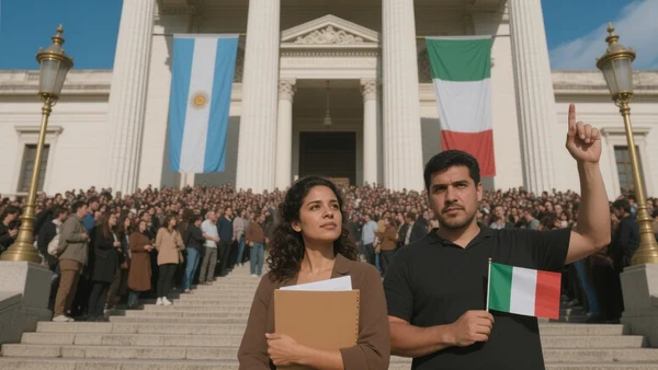 Foule dense devant un consulat italien en Amérique du Sud, drapeaux argentins et italiens visibles, bâtiment officiel avec colonnes, ciel lumineux
