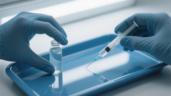 Plan rapproché de deux mains manipulant une seringue et une petite fiole transparente sur un plateau médical bleu stérile, lumière froide de laboratoire, gants en nitrile bleus