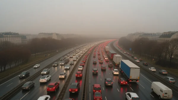 Vue dense du périphérique parisien sous un ciel gris et basmétéo, circulation ralentie avec nombreuses voitures, brouillard de pollution visible