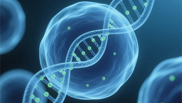 Gros plan d'une cellule biologique avec un brin d'ADN visible, des marqueurs moléculaires s'attachant à la structure, lumière bleue et froide de laboratoire