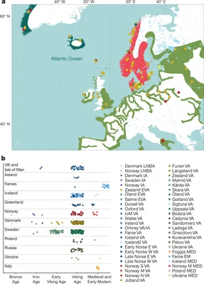 Carte scientifique de l'Europe du Nord indiquant les sites archéologiques et les périodes temporelles.