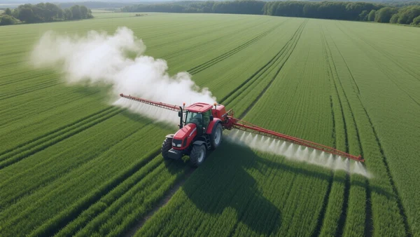 Vue en plongée d'un tracteur agricole rouge pulvérisant un champ de blé vert, avec un nuage de poussière blanche en arrière-plan