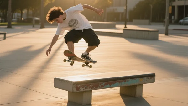 Skateur en plein mouvement exécutant une figure sur un banc en béton en ville, planche en l'air, lumière dorée du soleil californien, style dynamique capturant l'énergie du geste