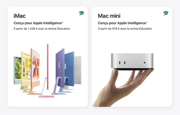 Cartes comparatives entre l'iMac et le Mac mini affichant leurs prix respectifs avec remise Éducation.