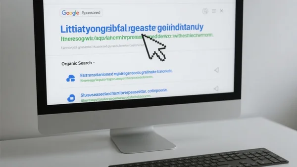 Écran d'ordinateur affichant une page de résultats de recherche Google avec une annonce sponsorisée malveillante en première position, curseur de la souris prêt à cliquer