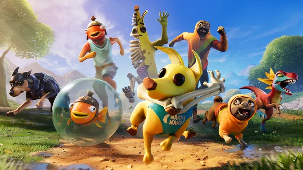 Les mascottes Fortnite, dont un chien jaune et un poisson, courant dans un paysage ensoleillé.