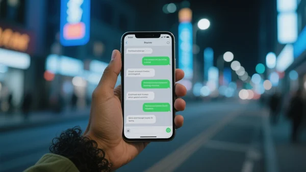 Main tenant un smartphone en gros plan sur fond flou urbain, écran affichant une messagerie avec des bulles de conversation, lumière froide artificielle
