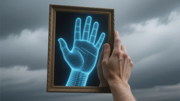 Une main humaine saisit un miroir tendu vers le ciel, reflétant un ciel nuageux. Dans le reflet, on devine une silhouette numérique abstraite qui ressemble à une main géante essayant d'attraper le miroir. Le contraste entre la réalité physique et le reflet numérique symbolise le contrôle.