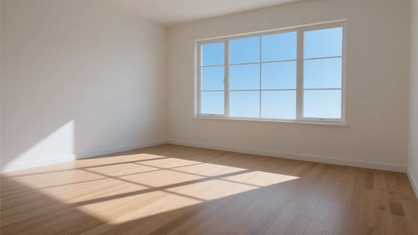 Un salon vide avec une seule fenêtre et des planchers en bois, lumière naturelle, pièce prête à être meublée