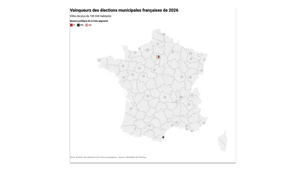 Carte des résultats des municipales dans les grandes villes de France, analysée par Le Grand Continent.
