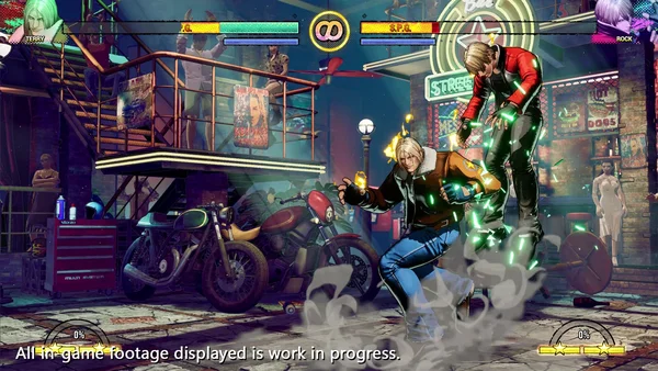 Terry et Rock s'affrontant dans un décor urbain illuminé de néons dans Fatal Fury: City of the Wolves.