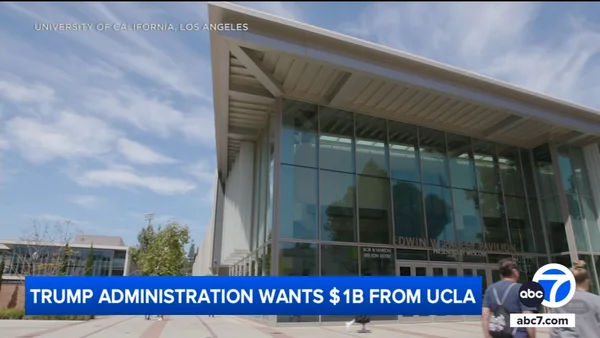 Le pavillon Edwin W. Pauley de l'UCLA illustré dans un graphique d'ABC7 concernant la plainte de l'administration Trump.