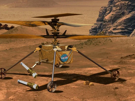 Illustration graphique d'un hélicoptère de la NASA posé sur un terrain rocailleux.