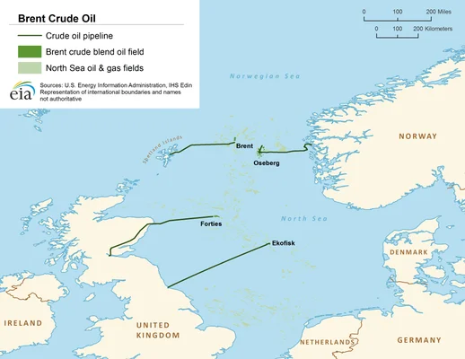 Carte des infrastructures du pétrole brut Brent en Mer du Nord, incluant les oléoducs et les champs pétrolifères.