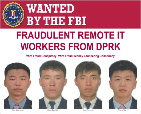 Affiche du FBI recherchant quatre travailleurs informatiques frauduleux de RPDC pour fraude électronique et blanchiment d'argent