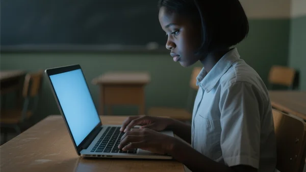Plan serré sur les mains d'un adolescent tapant sur un clavier d'ordinateur portable dans une salle de classe, la lumière de l'écran illumine son visage, flou d'arrière-plan montrant des bureaux scolaires