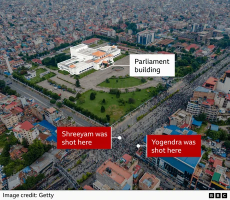 Cartographie aérienne des lieux où Shreeyam et Yogendra ont été abattus près du Parlement.