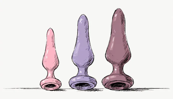 Planche anatomique éducative montrant trois tailles de plugs anaux en silicone médical alignés du plus petit au plus grand