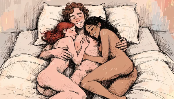 Trio sexuel, un homme nu et deux femmes nues entrelacées sur un lit, corps en contact, caresses mutuelles