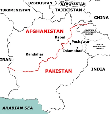 Carte des pays voisins d'Asie du Sud avec la frontière afghano-pakistanaise en rouge.