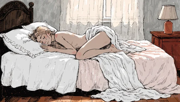 Femme allongée sur le lit en position fœtale, les larmes coulent sur son visage, mains serrées sur sa poitrine, lumière tamisée de chambre à coucher après un rapport sexuel