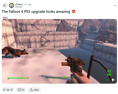 Scène de jeu sur PlayStation 5 avec le chien compagnon près d'une étendue d'eau dans un décor rocailleux.