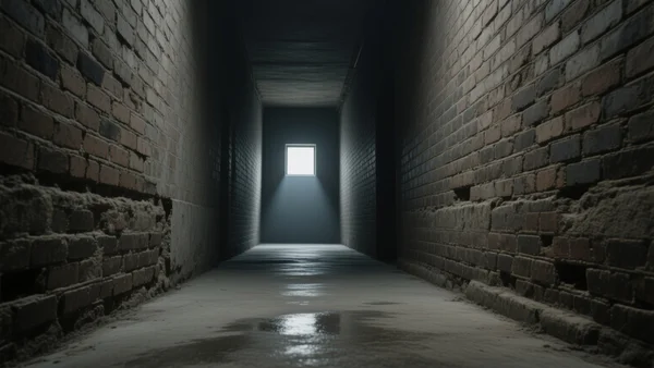Vue en contre-plongée d'un corridor urbain étroit et sombre, murs en brique brute, un mince faisceau de lumière blanche traverse l'obscurité depuis une ouverture lointaine au bout du tunnel, éclairant un sol bétonné humide