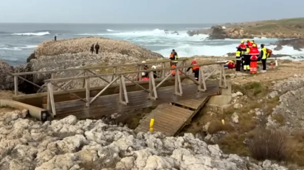 Des pompiers et secouristes se regroupent sur le littoral près d'une structure de bois et des vagues.