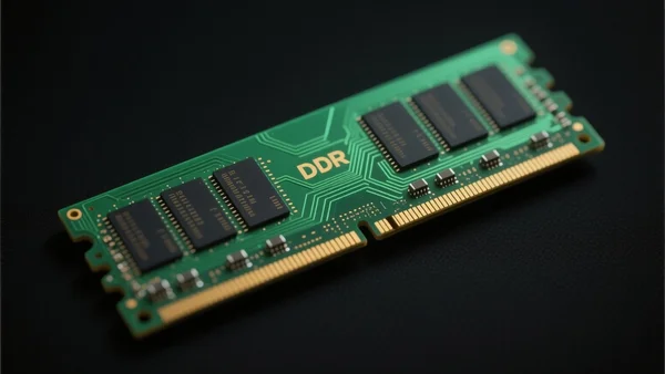 Premier plan d'une barrette de mémoire RAM DDR5 vert sur fond noir, lueur des puces et circuits dorés, atmosphère tendue et futuriste