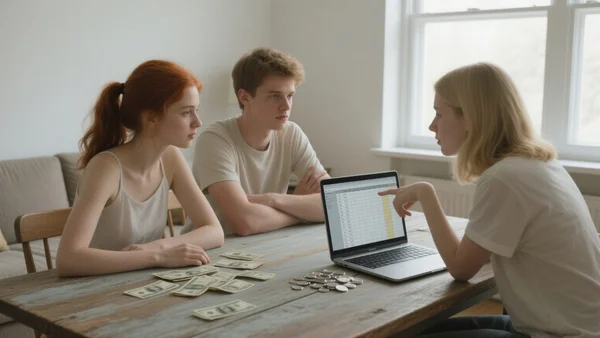 Trois jeunes adultes assis autour d'une table en bois dans un salon lumineux, regardant un ordinateur portable ouvert avec un tableur Excel, billets et pièces de monnaie posés sur la table
