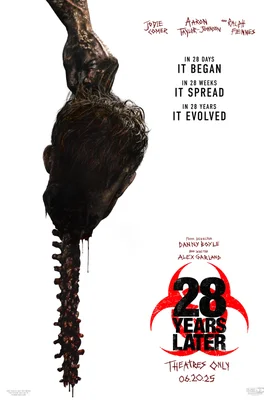 Affiche officielle de 28 Years Later avec une tête décapitée et un logo biohazard.