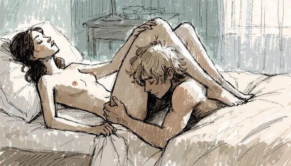 Cunnilingus, homme entre les jambes d'une femme allongée sur le dos