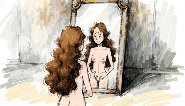 Femme nue debout face à un miroir, se tenant le ventre avec les deux mains, regard inquiet dirigé vers son reflet