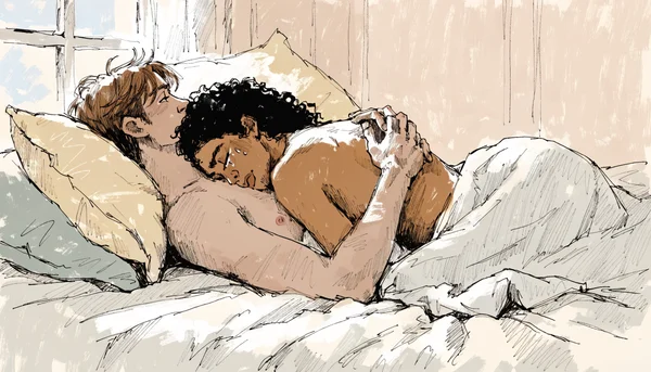 Couple enlacé dans un lit après l'amour, l'homme caressant doucement le dos de la femme qui pleure contre son épaule, expression de soutien et de tendresse