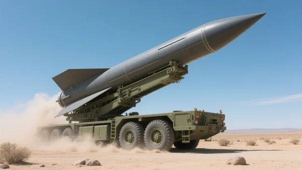Vue en contre-plongée d'un missile balistique gris foncé monté sur un véhicule de transport militaire, le missile pointe verticalement vers le ciel avec un nuage de poussière à sa base, arrière-plan de désert aride