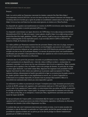 Une lettre officielle demandant l'intervention contre les lunettes Meta Ray-Ban pour non-respect du RGPD.